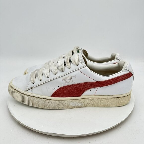 Puma Basket Men Size 10 White Red Leather Low Top Lace Up Training Shoes - Picture 1 of 11